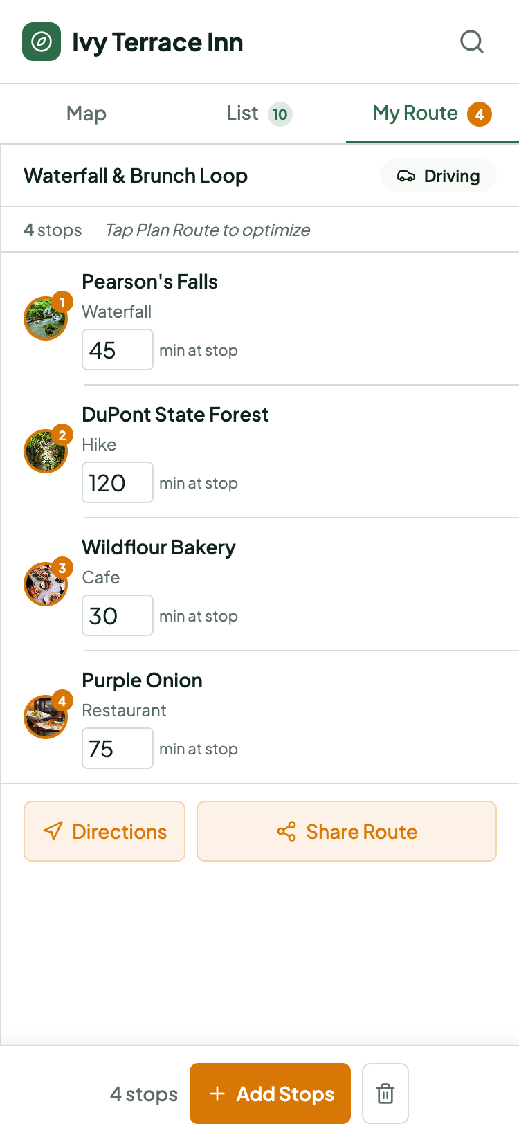 Ivy Terrace Inn curated route detail